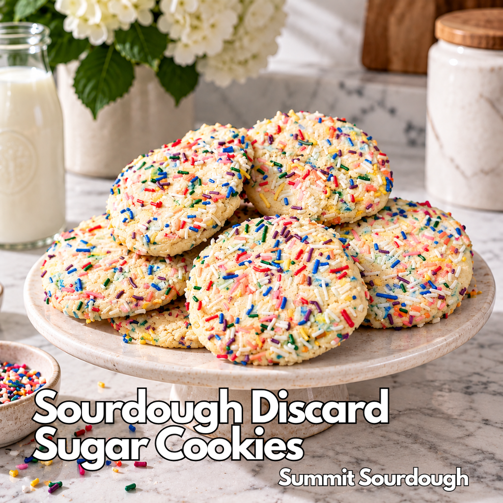 Freshly baked sourdough starter discard sugar cookies with a soft, chewy center, sprinkled with powdered sugar, and accompanied by a jar of sourdough starter discard.