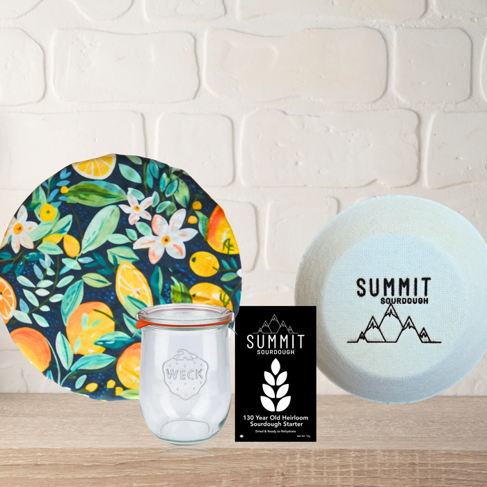Premium 4 Piece Sourdough Tool Kit Bundle includes Sourdough Starter and Round Boule Brotform