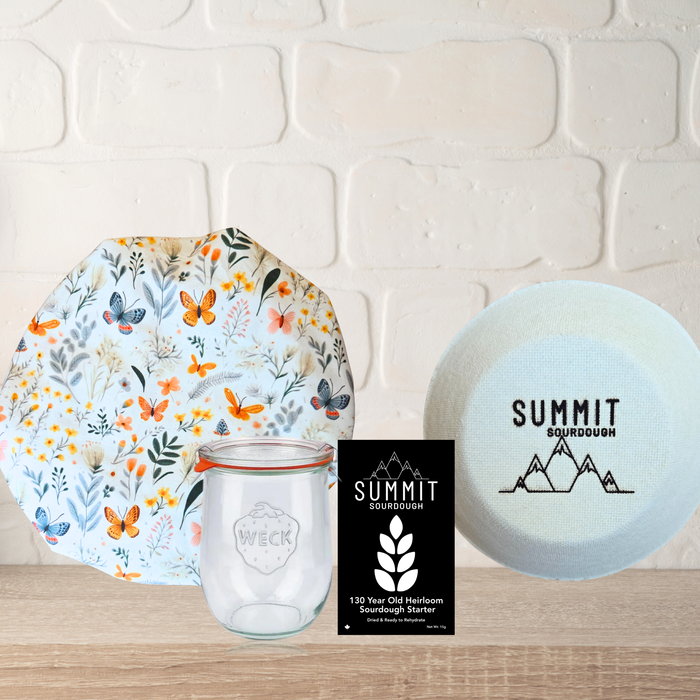 Premium 4 Piece Sourdough Tool Kit Bundle includes Sourdough Starter and Round Boule Brotform