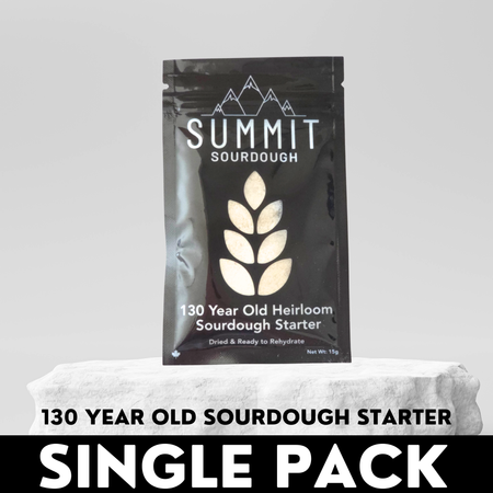 130 year old heirloom Summit sourdough starter - single pack in Canada.  Dehydrated sourdough starter single pack made with unbleached flour, ideal for home bakers. Sourdough bakers kit.