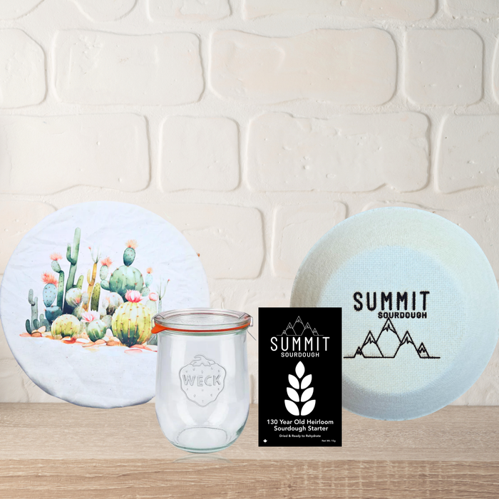 Premium 4 Piece Sourdough Tool Kit Bundle includes Sourdough Starter and Round Boule Brotform