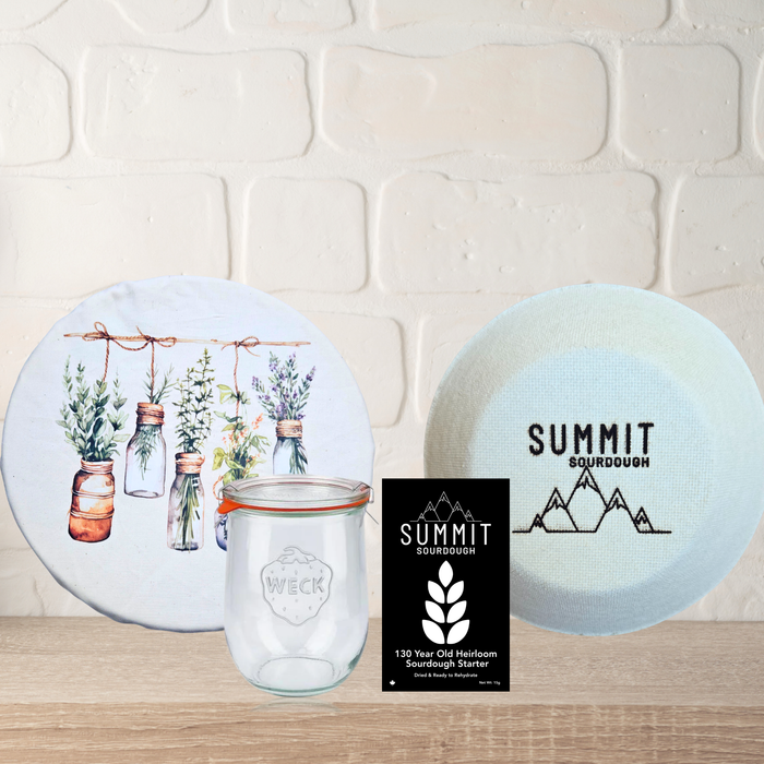 Premium 4 Piece Sourdough Tool Kit Bundle includes Sourdough Starter and Round Boule Brotform
