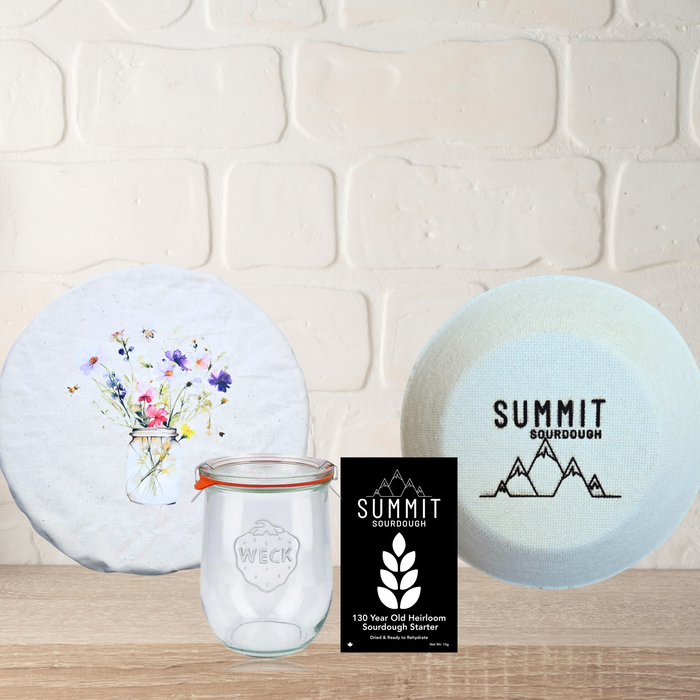 Premium 4 Piece Sourdough Tool Kit Bundle includes Sourdough Starter and Round Boule Brotform
