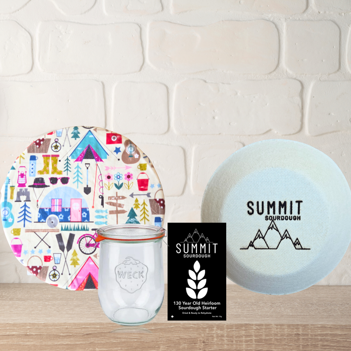 Premium 4 Piece Sourdough Tool Kit Bundle includes Sourdough Starter and Round Boule Brotform