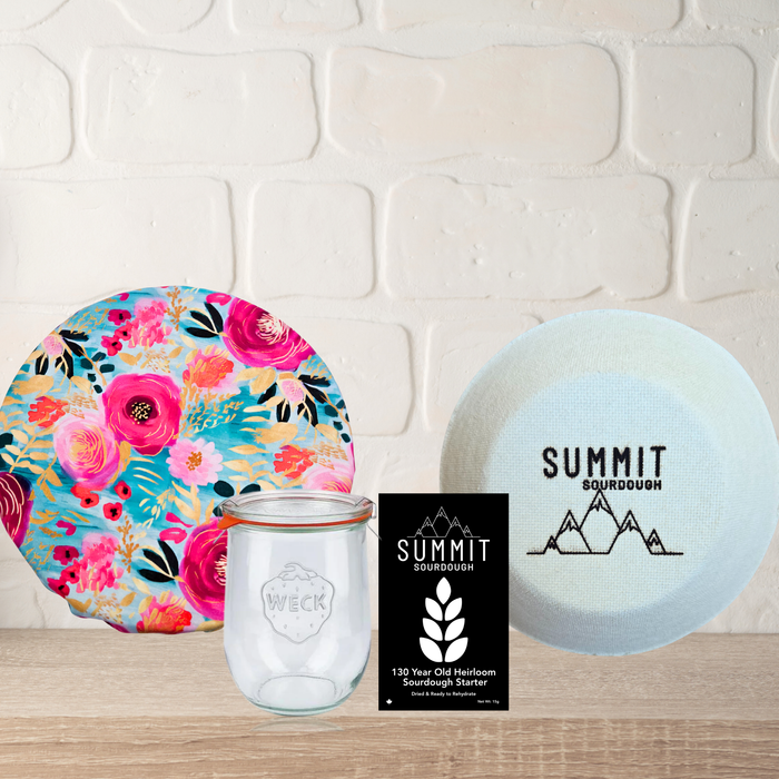 Premium 4 Piece Sourdough Tool Kit Bundle includes Sourdough Starter and Round Boule Brotform