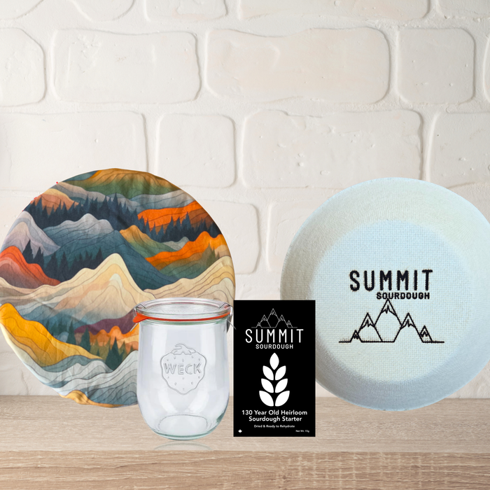 Premium 4 Piece Sourdough Tool Kit Bundle includes Sourdough Starter and Round Boule Brotform