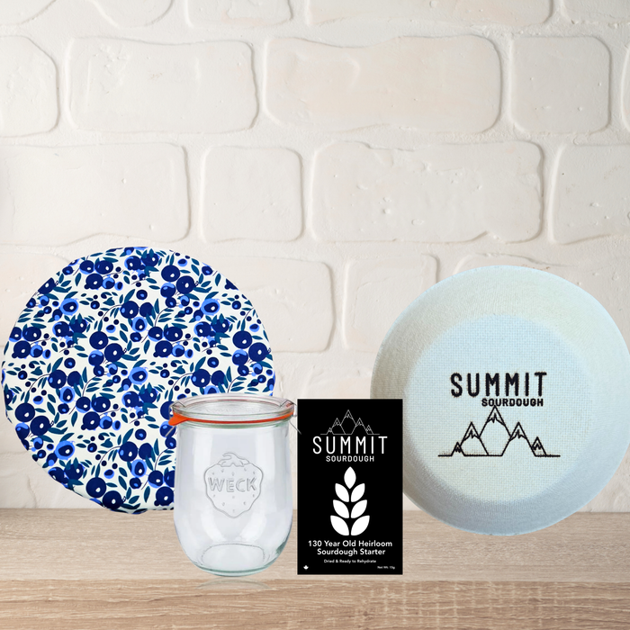 Premium 4 Piece Sourdough Tool Kit Bundle includes Sourdough Starter and Round Boule Brotform