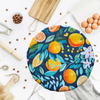 Citrus orange print reusable sourdough bowl cover with whole and sliced oranges, regular size fits KitchenAid mixer bowls and round brotforms for proofing dough