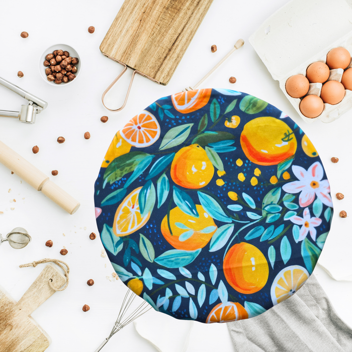 Citrus orange print reusable sourdough bowl cover with whole and sliced oranges, regular size fits KitchenAid mixer bowls and round brotforms for proofing dough