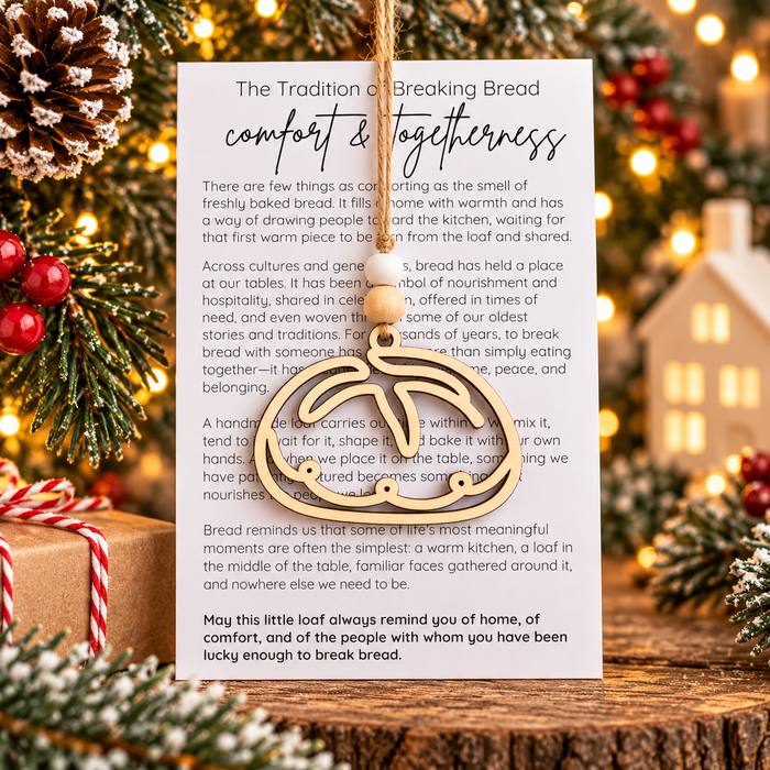 PRE-ORDER Wooden Sourdough Boule Christmas Ornament – Breaking Bread, Comfort & Togetherness Story Card