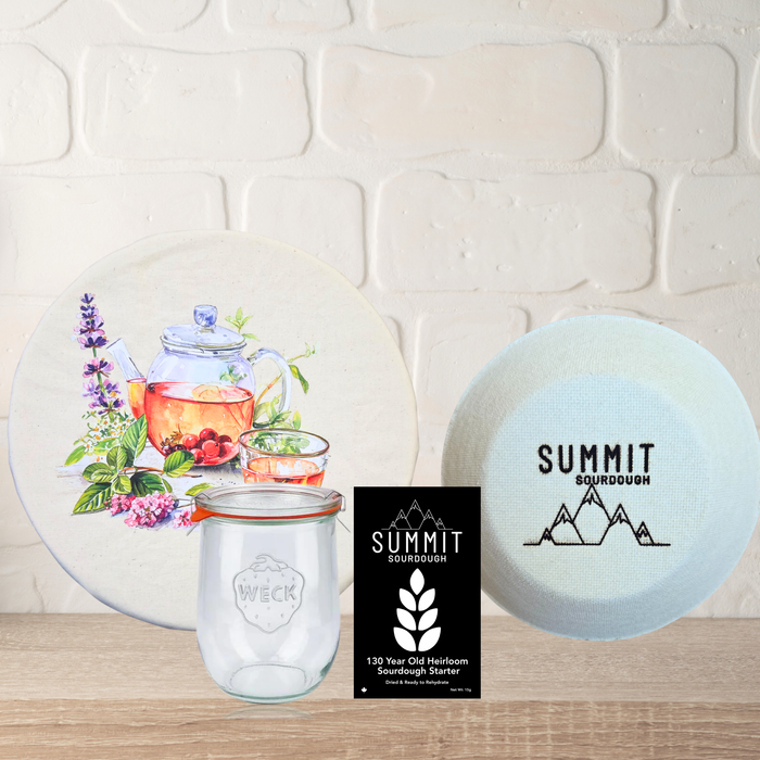 Premium 4 Piece Sourdough Tool Kit Bundle includes Sourdough Starter and Round Boule Brotform