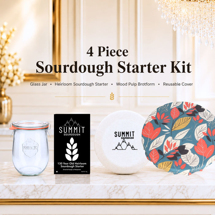 Premium 4 Piece Sourdough Tool Kit Bundle includes Sourdough Starter and Round Boule Brotform
