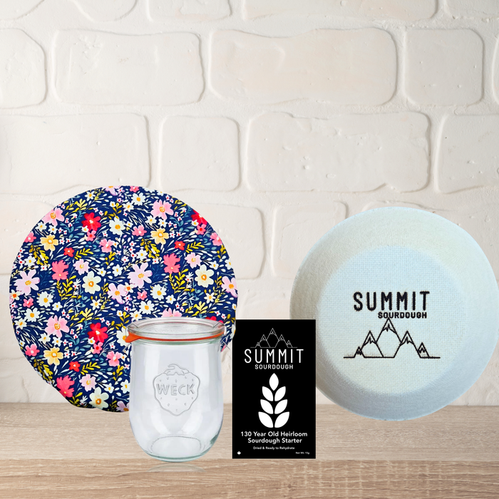 Premium 4 Piece Sourdough Tool Kit Bundle includes Sourdough Starter and Round Boule Brotform