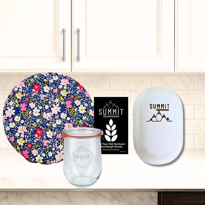 Premium 4 Piece Sourdough Tool Kit Bundle includes Sourdough Starter and Oval Batard Brotform