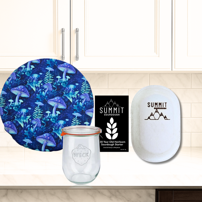 Premium 4 Piece Sourdough Tool Kit Bundle includes Sourdough Starter and Oval Batard Brotform