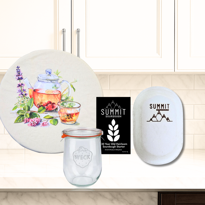 Premium 4 Piece Sourdough Tool Kit Bundle includes Sourdough Starter and Oval Batard Brotform