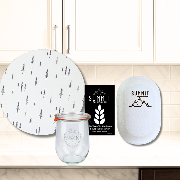Premium 4 Piece Sourdough Tool Kit Bundle includes Sourdough Starter and Oval Batard Brotform