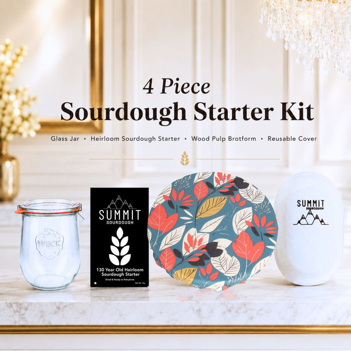 Premium 4 Piece Sourdough Tool Kit Bundle includes Sourdough Starter and Oval Batard Brotform