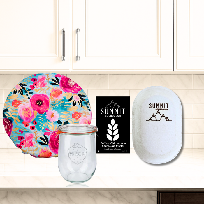 Premium 4 Piece Sourdough Tool Kit Bundle includes Sourdough Starter and Oval Batard Brotform