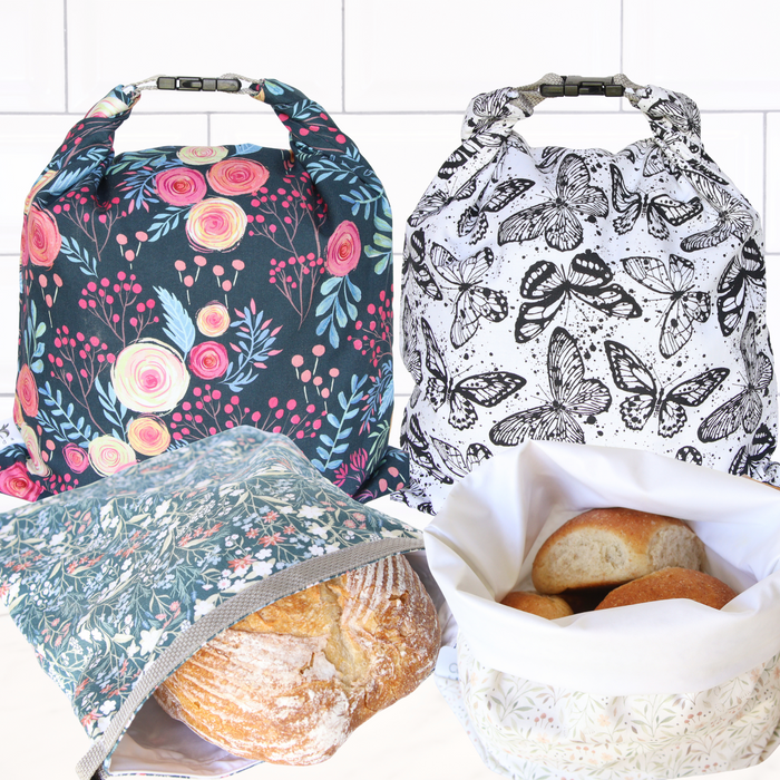 Eco-friendly reusable bread bags for sourdough loaves—machine washable fabric storage in multiple prints for zero-waste baking made in Canada.