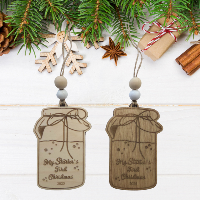 Vintage My Starter’s First Christmas Ornament 2025 – Wooden Jar Keepsake for Sourdough Bakers