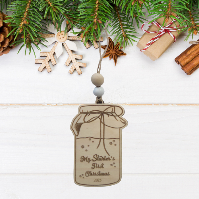 Vintage My Starter’s First Christmas Ornament 2025 – Wooden Jar Keepsake for Sourdough Bakers