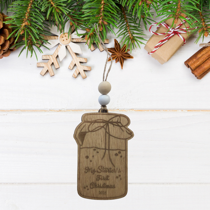 Vintage My Starter’s First Christmas Ornament 2025 – Wooden Jar Keepsake for Sourdough Bakers