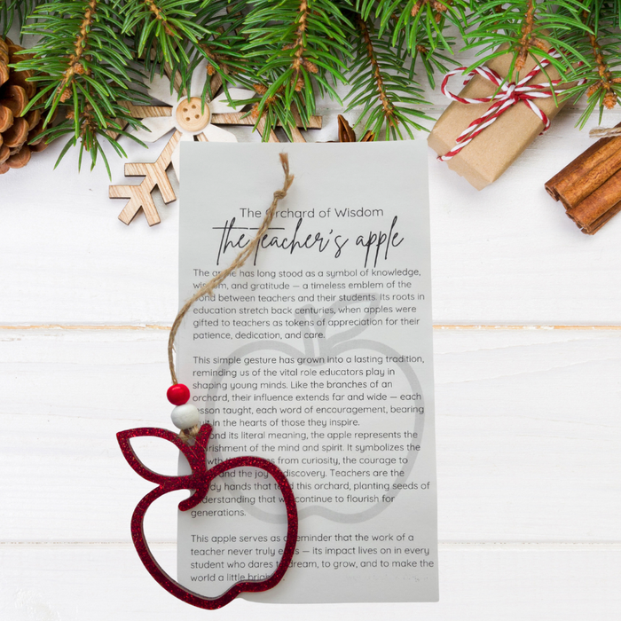 Red Acrylic Apple Christmas Ornament - Teacher Appreciation Gift with Story Card