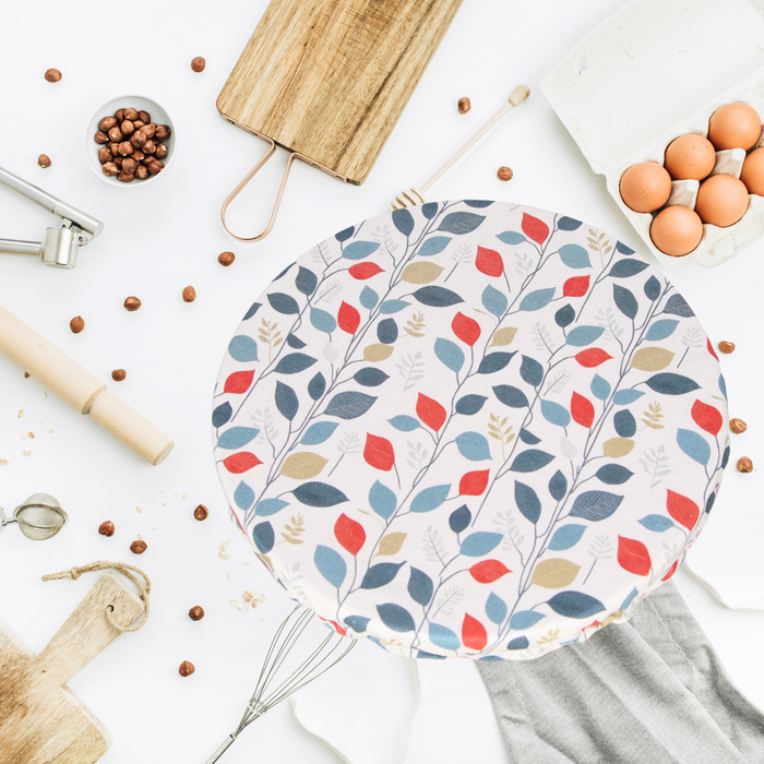 Nordic vines print reusable sourdough bowl cover with red, teal and tan foliage pattern, regular size fits KitchenAid mixer bowls and round brotforms for proofing dough