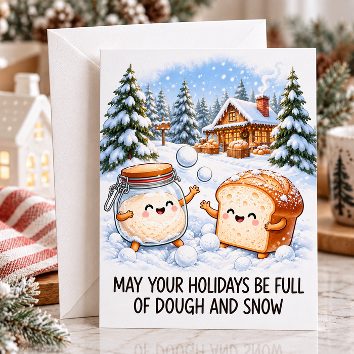 May your holidays be full of two very important things: dough and snow.&nbsp; Featuring an adorable sourdough starter and loaf of bread having a snowball fight, this playful Christmas card was made for bakers, bread lovers, and anyone who would happily spend the holidays with flour on the counter and something fermenting in the kitchen.

Sweet, funny, and just the right amount of sourdough-obsessed, “May Your Holidays Be Full of Dough and Snow” makes a fun Christmas or winter greeting for your favourite hom