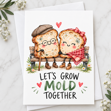 Let's Grow Mold Together | Sourdough Love &amp; Anniversary Card | Blank Inside
Growing old together never looked so good.

Featuring an adorable sourdough couple growing a little older—and a little moldier—side by side, this funny bread-themed greeting card is made for the person you plan on keeping around for a very long time.

Perfect for anniversaries, Valentine’s Day, partners, spouses, best friends, or your favourite bread-baking companion