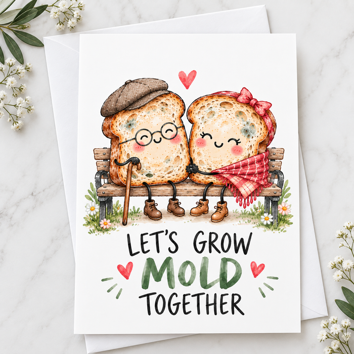 Let's Grow Mold Together | Sourdough Love &amp; Anniversary Card | Blank Inside
Growing old together never looked so good.

Featuring an adorable sourdough couple growing a little older—and a little moldier—side by side, this funny bread-themed greeting card is made for the person you plan on keeping around for a very long time.

Perfect for anniversaries, Valentine’s Day, partners, spouses, best friends, or your favourite bread-baking companion
