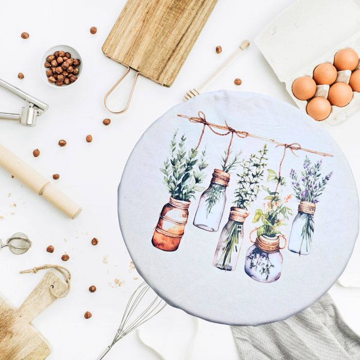 Reusable proofing cover with apothecary design—eco-friendly for sourdough baking and mixer bowls made by Summit Sourdough