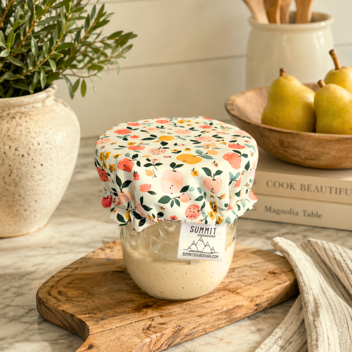 Reusable sourdough jar cover with apple orchard fruit pattern on glass sourdough starter jar