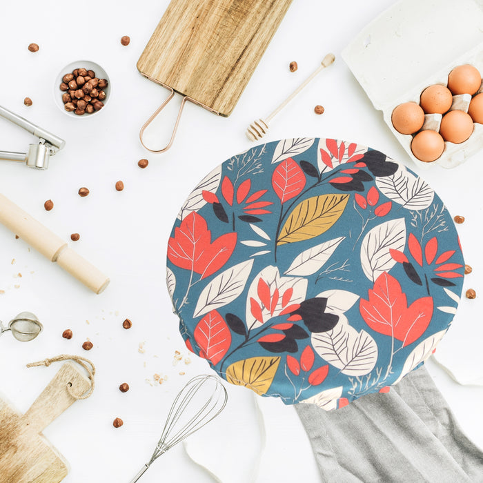 Autumn inspired reusable dough proofing cover to cover sourdough bread bannetons and brotforms as well as a reusable dish cover.