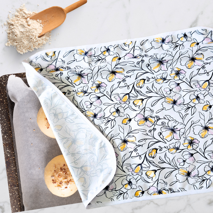Reusable XL proofing cover with minimalist black and white line-drawn floral design, perfect for sourdough baking and proofing all your kitchen essentials