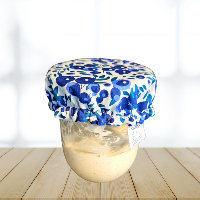 eco-friendly and reusable sourdough starter jar cover with blueberry print