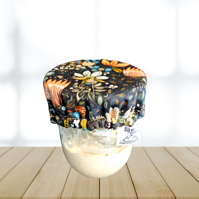 reusable fabric cover for sourdough starter jar made by summit sourdough