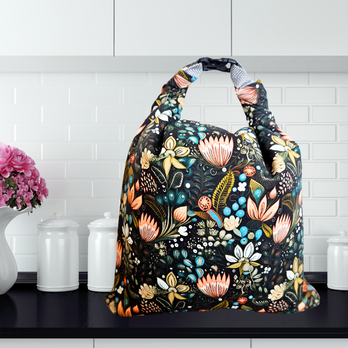 Reusable bread bag in boho floral print—plastic-free storage for homemade sourdough and baked goods.