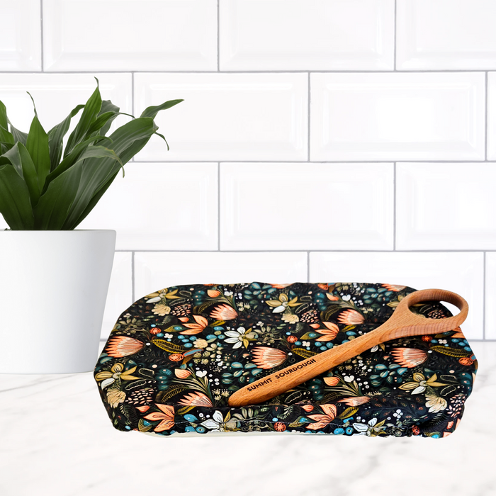 Boho floral reusable casserole cover—washable and perfect for eco-conscious kitchens, made in Canada.