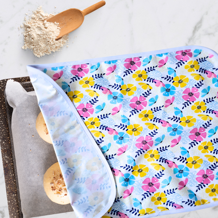 Cheerful floral print cookie sheet proofing cover for bakers who love bold, fresh prints. Covers sheet pans and casserole dishes.
