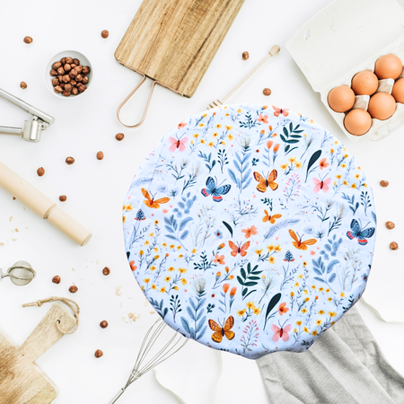 Butterfly garden print reusable sourdough bowl cover with wildflowers and butterflies, regular size fits KitchenAid mixer bowls and round brotforms for proofing dough