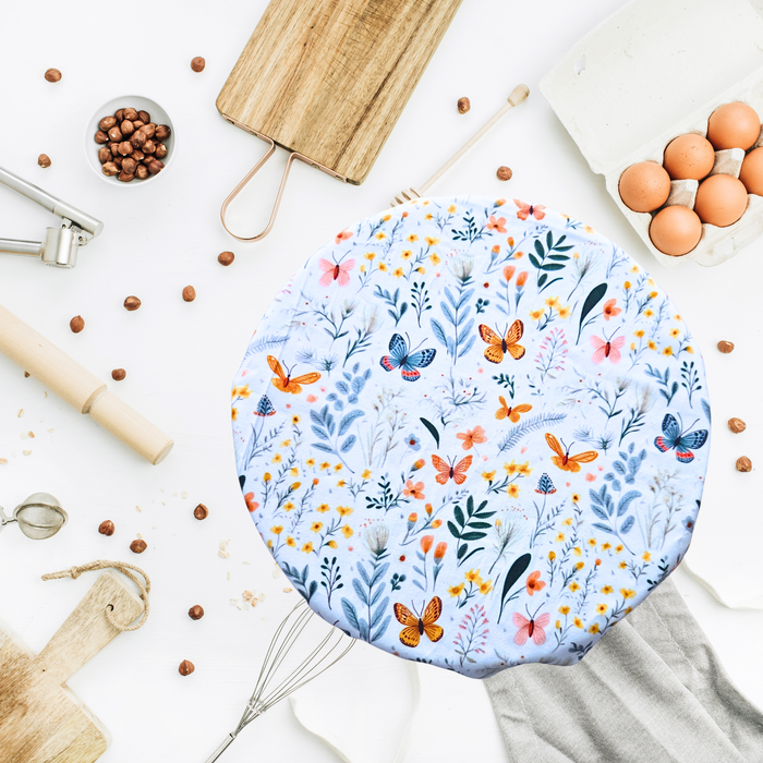 Butterfly garden print reusable sourdough bowl cover with wildflowers and butterflies, regular size fits KitchenAid mixer bowls and round brotforms for proofing dough