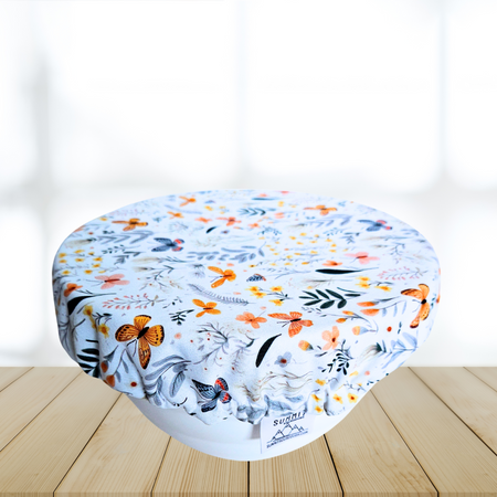 Butterfly garden print reusable cover for sourdough bowls—eco-friendly and ideal for home bakers.