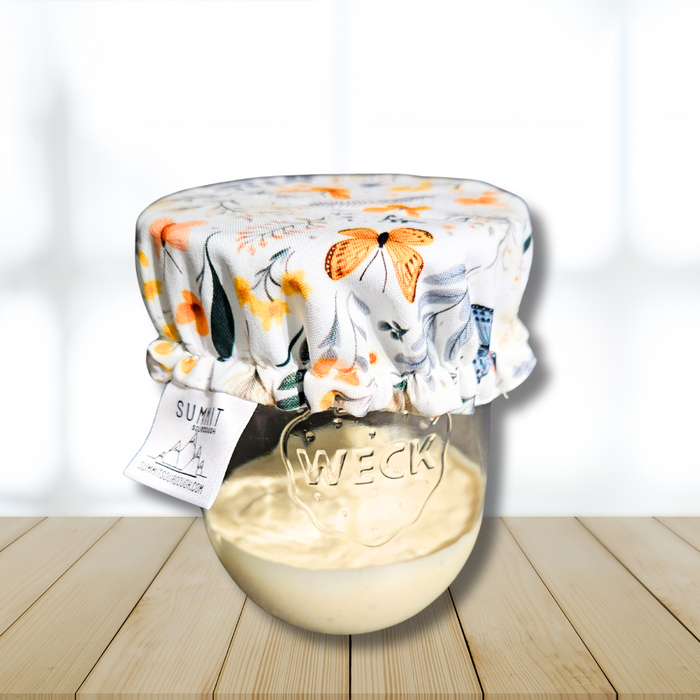 Butterfly garden fabric jar cover for active sourdough starter