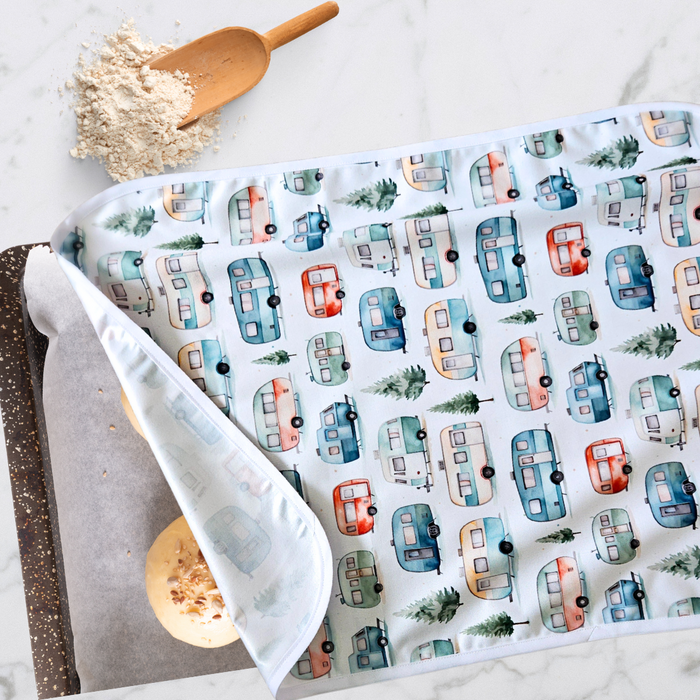 Reusable sheet pan proofing cover made from BPA-free, waterproof fabric, ideal for dough rising. camping themed reusable proofing cover for sheet pans, casserole dishes and cookie sheets