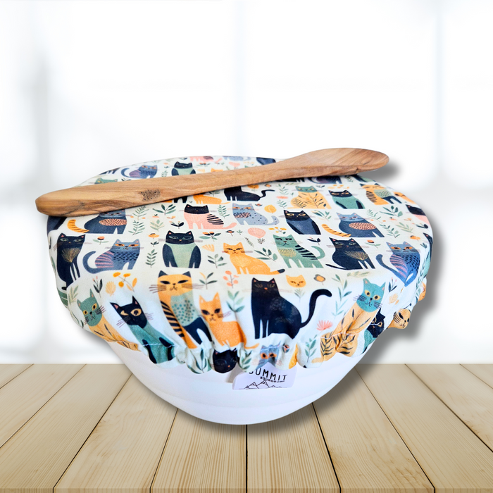 Eco-friendly reusable bowl cover with cat print—perfect for sourdough proofing and KitchenAid mixing bowls.