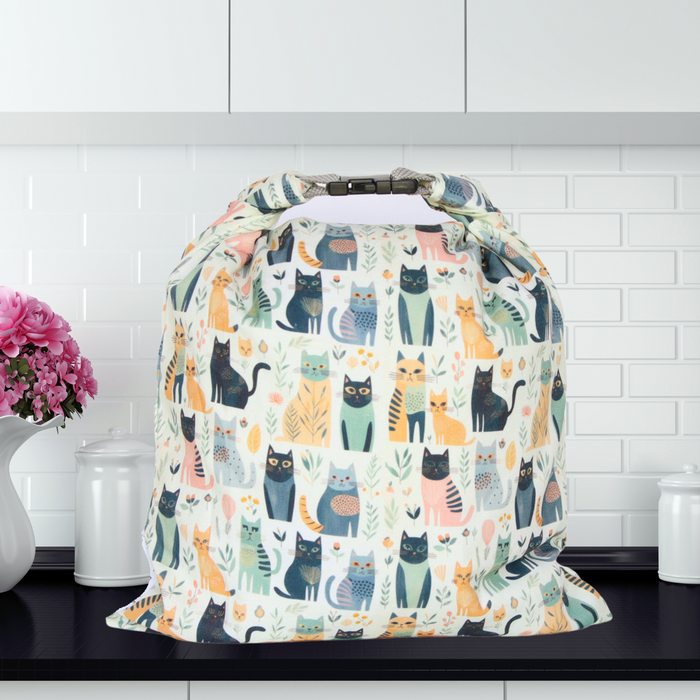 Reusable sourdough bread bag with fun cat print—eco-conscious bread storage for bakers.
