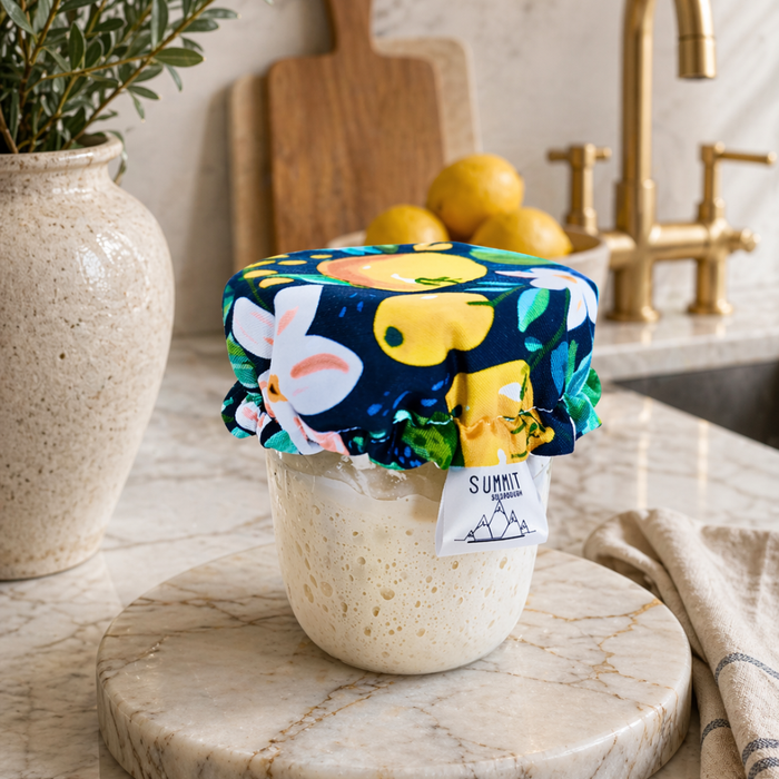 Reusable sourdough jar cover with citrus fruit pattern on glass sourdough starter jar