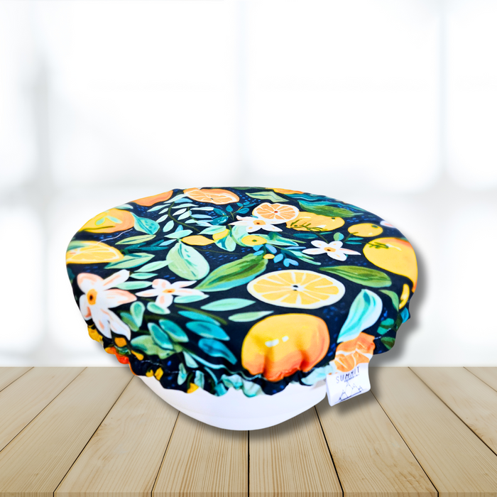 Citrus print reusable and eco-friendly bowl cover for sourdough bread proofing and mixer bowls.